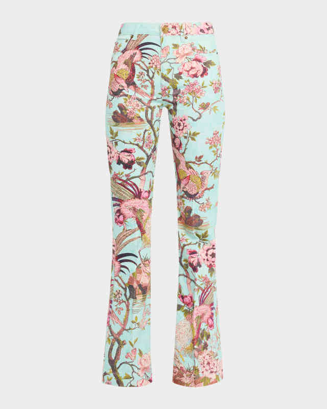 Bird-Print Flared Stretch Cotton Trousers